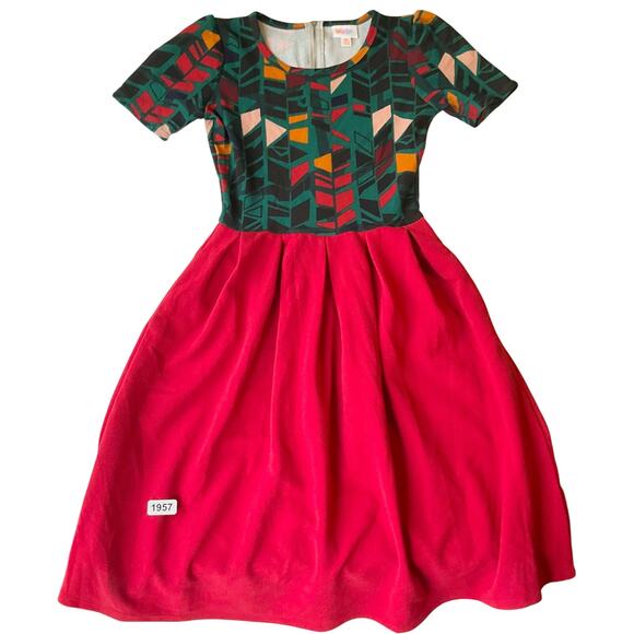 Lularoe Women’s Short Sleeve Screw Neck Knee Length Dress size XS, Red & Green - Picture 1 of 11